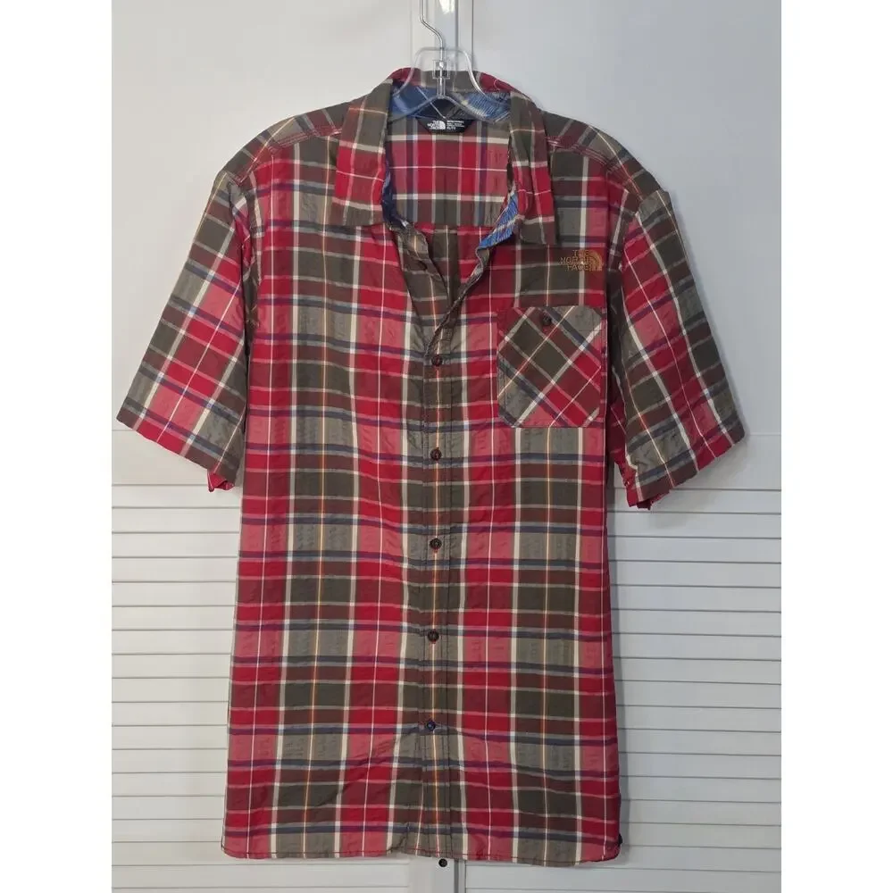 The North Face Mens XL Button Down Short Sleeve Shirt Red Plaid Casual